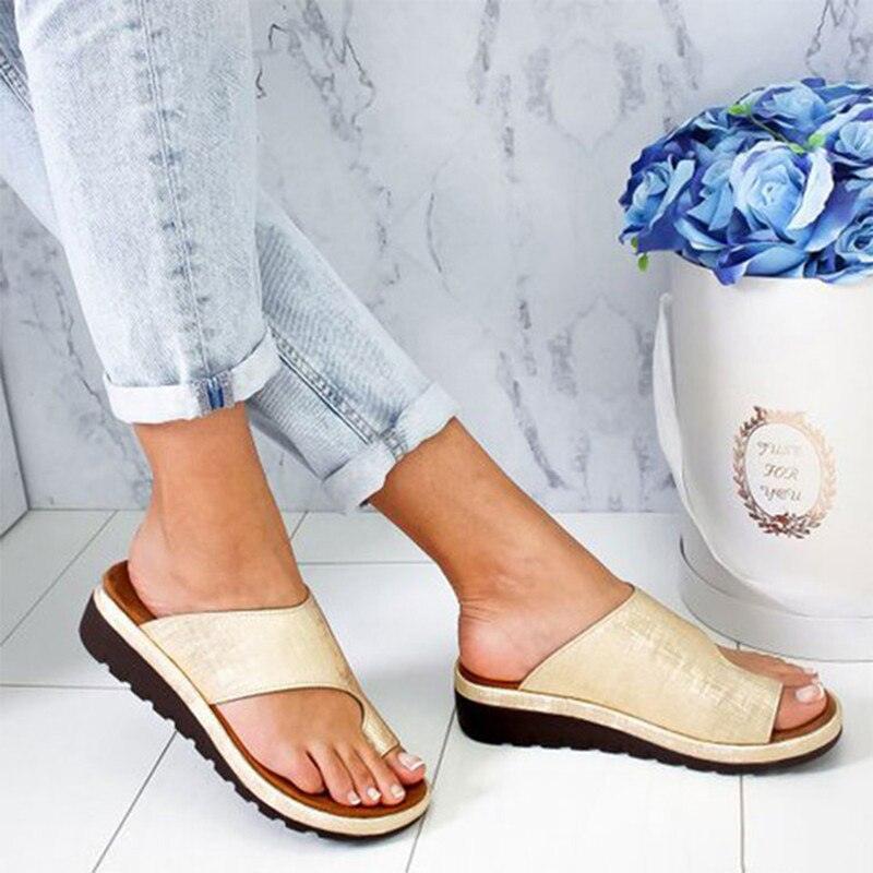 Women Leather Shoes Comfy Platform Flat Sole Ladies Casual Soft Big Toe Foot Sandal Walking Strappy Slides Sandals Open Toe Summer Shoes With Arch Support