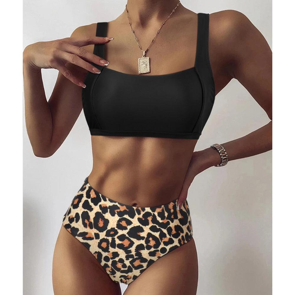 Women Leopard Print Swimsuit Women's Bikini One Shoulder Top High Waist Bottom Two Piece Swimsuits Women Push Up Bikini Set One Shoulder Beachwear Summer Leopard Bathing Suit High Waist Swimwear For Women