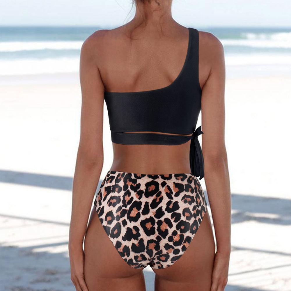 Women Leopard Print Swimsuit Women's Bikini One Shoulder Top High Waist Bottom Two Piece Swimsuits Women Push Up Bikini Set One Shoulder Beachwear Summer Leopard Bathing Suit High Waist Swimwear For Women