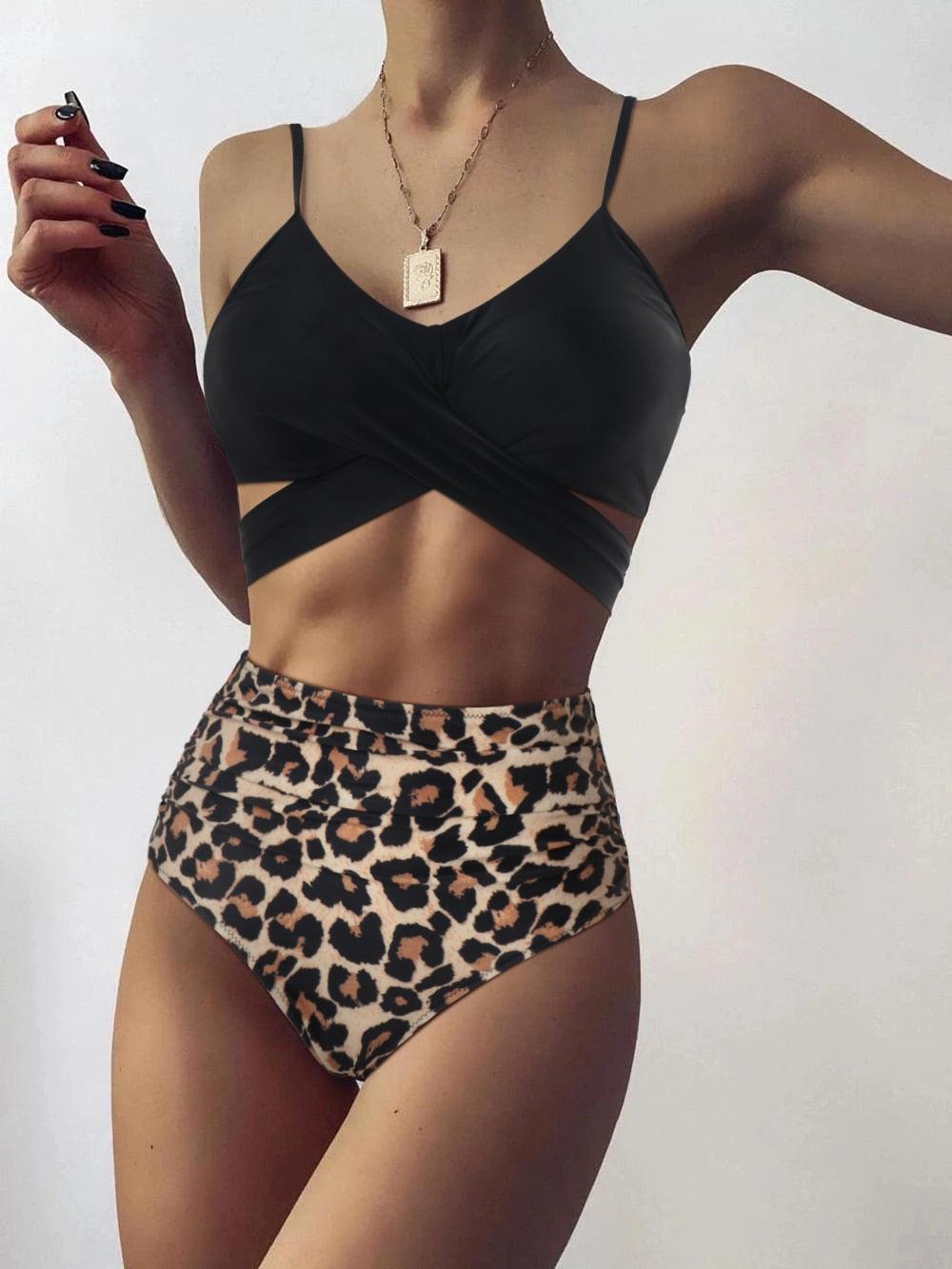 Women Leopard Print Swimsuit Women's Bikini One Shoulder Top High Waist Bottom Two Piece Swimsuits Women Push Up Bikini Set One Shoulder Beachwear Summer Leopard Bathing Suit High Waist Swimwear For Women