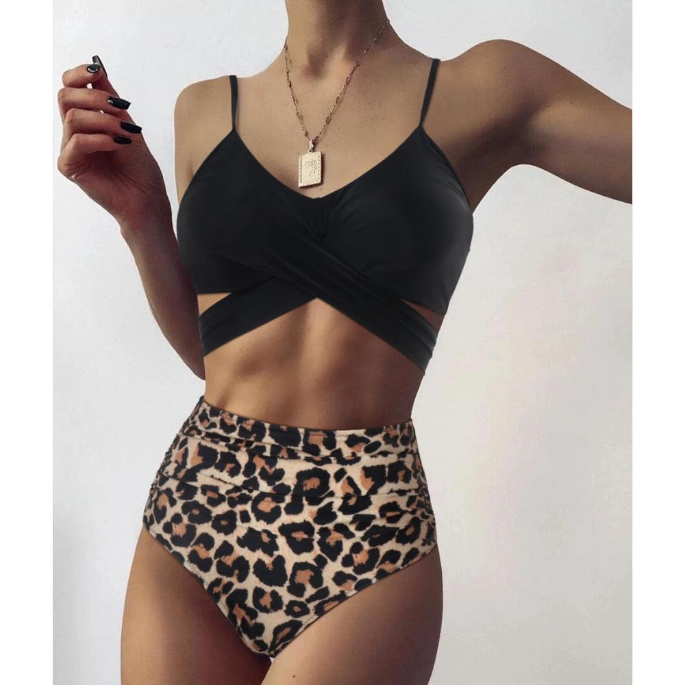 Women Leopard Print Swimsuit Women's Bikini One Shoulder Top High Waist Bottom Two Piece Swimsuits Women Push Up Bikini Set One Shoulder Beachwear Summer Leopard Bathing Suit High Waist Swimwear For Women