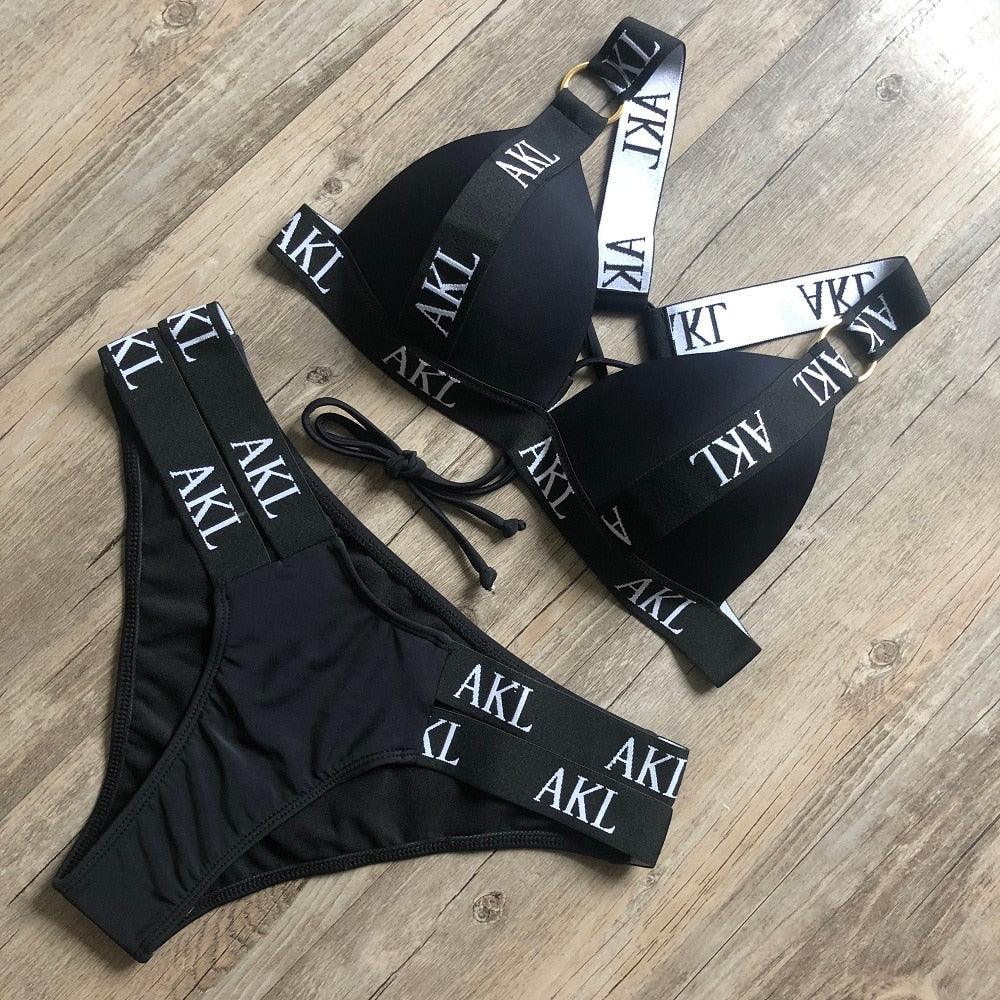 Women Luxury Black White Swimwear Women's Swimming Suit Push Up Bikini  Lace Up Bikinis Women Swimsuit Women's Bathing Suits Push Up Halter Bandage Bikini Letter Printing Mini Summer Bikini Set