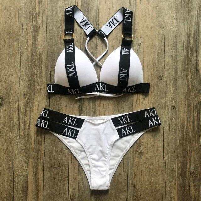 Women Luxury Black White Swimwear Women's Swimming Suit Push Up Bikini  Lace Up Bikinis Women Swimsuit Women's Bathing Suits Push Up Halter Bandage Bikini Letter Printing Mini Summer Bikini Set