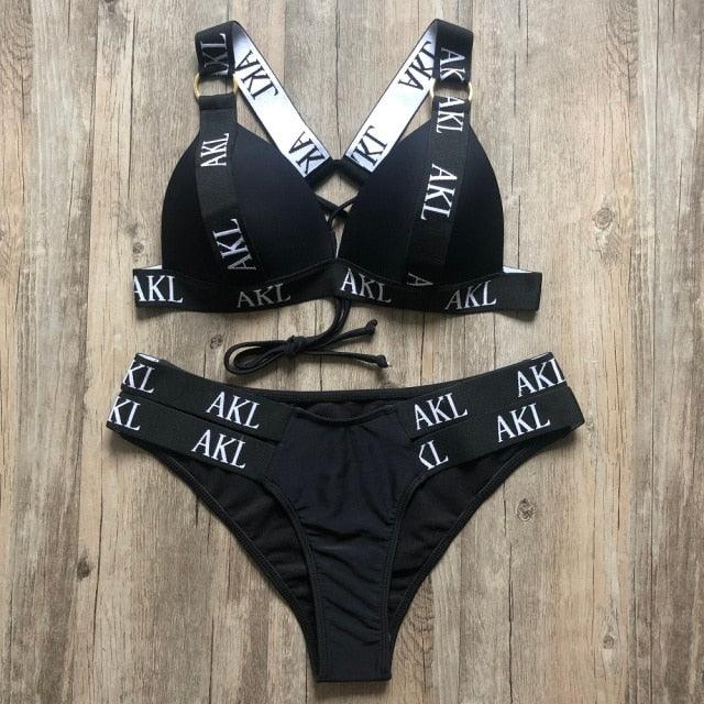 Women Luxury Black White Swimwear Women's Swimming Suit Push Up Bikini  Lace Up Bikinis Women Swimsuit Women's Bathing Suits Push Up Halter Bandage Bikini Letter Printing Mini Summer Bikini Set