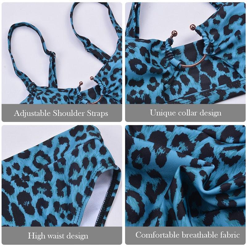 Women Luxury Leopard High Waist Bikini  Swimsuit Women's Push Up Bra Tie Side Cutout Bikini Set High Cut Padded Solid Bating Suit Swimwear Female Bikini Set Bathing Suit