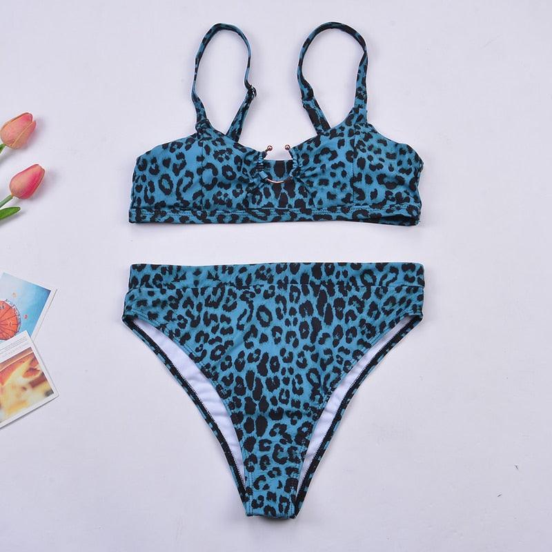 Women Luxury Leopard High Waist Bikini  Swimsuit Women's Push Up Bra Tie Side Cutout Bikini Set High Cut Padded Solid Bating Suit Swimwear Female Bikini Set Bathing Suit