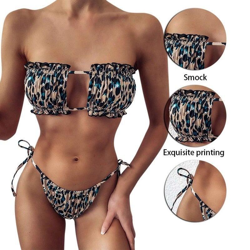 Women Luxury Leopard High Waist Bikini  Swimsuit Women's Push Up Bra Tie Side Cutout Bikini Set High Cut Padded Solid Bating Suit Swimwear Female Bikini Set Bathing Suit