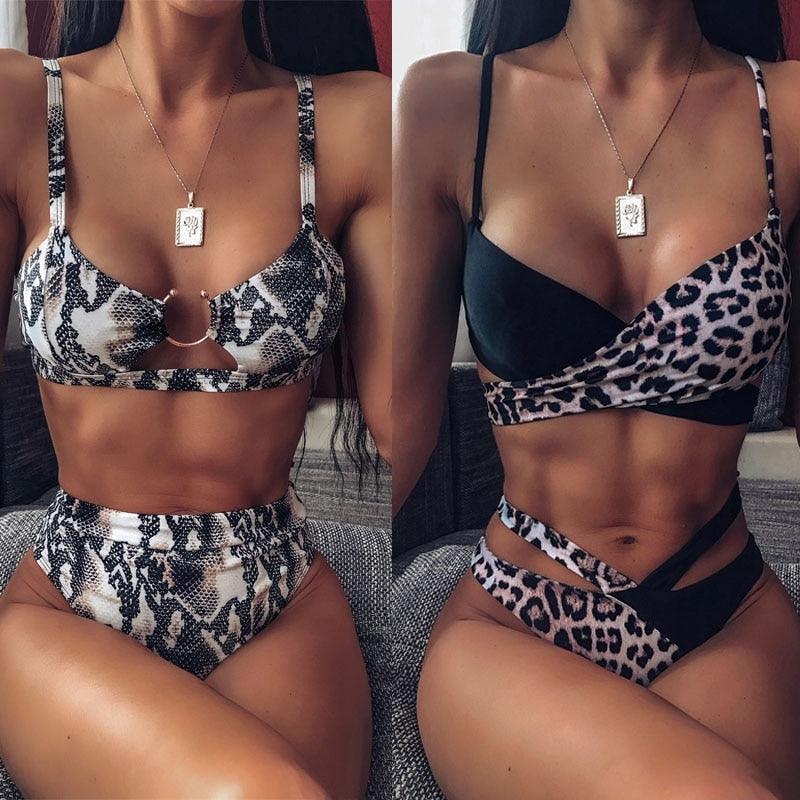 Women Luxury Leopard High Waist Bikini  Swimsuit Women's Push Up Bra Tie Side Cutout Bikini Set High Cut Padded Solid Bating Suit Swimwear Female Bikini Set Bathing Suit