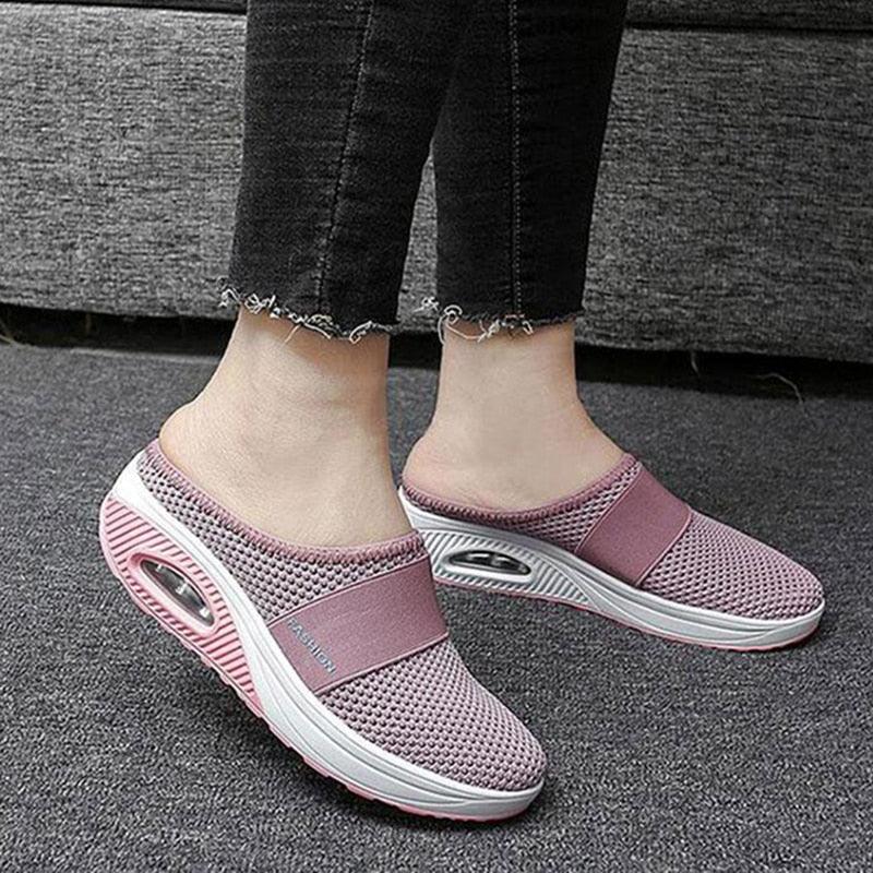 Women Mesh Lightweight Shoes Modern Clogs Female Air Cushion Sandals Thick Bottom Sneakers Air Cushion Slip-On Walking Shoes Breathable Casual Outdoor Walk Sneakers With Arch Support