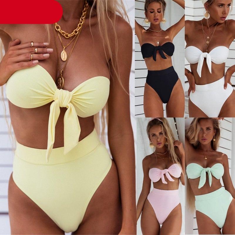 Women  Padded Push Up Strapless Swimsuit Women's Tie Knot Front High Waist Bandage 2PCS Bikini Sets Beachwear Bathing Suit Swimwear Bikini Set Adjustable Bikini Sets Two Piece Bathing Suit