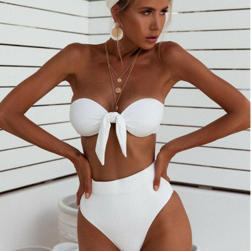 Women  Padded Push Up Strapless Swimsuit Women's Tie Knot Front High Waist Bandage 2PCS Bikini Sets Beachwear Bathing Suit Swimwear Bikini Set Adjustable Bikini Sets Two Piece Bathing Suit