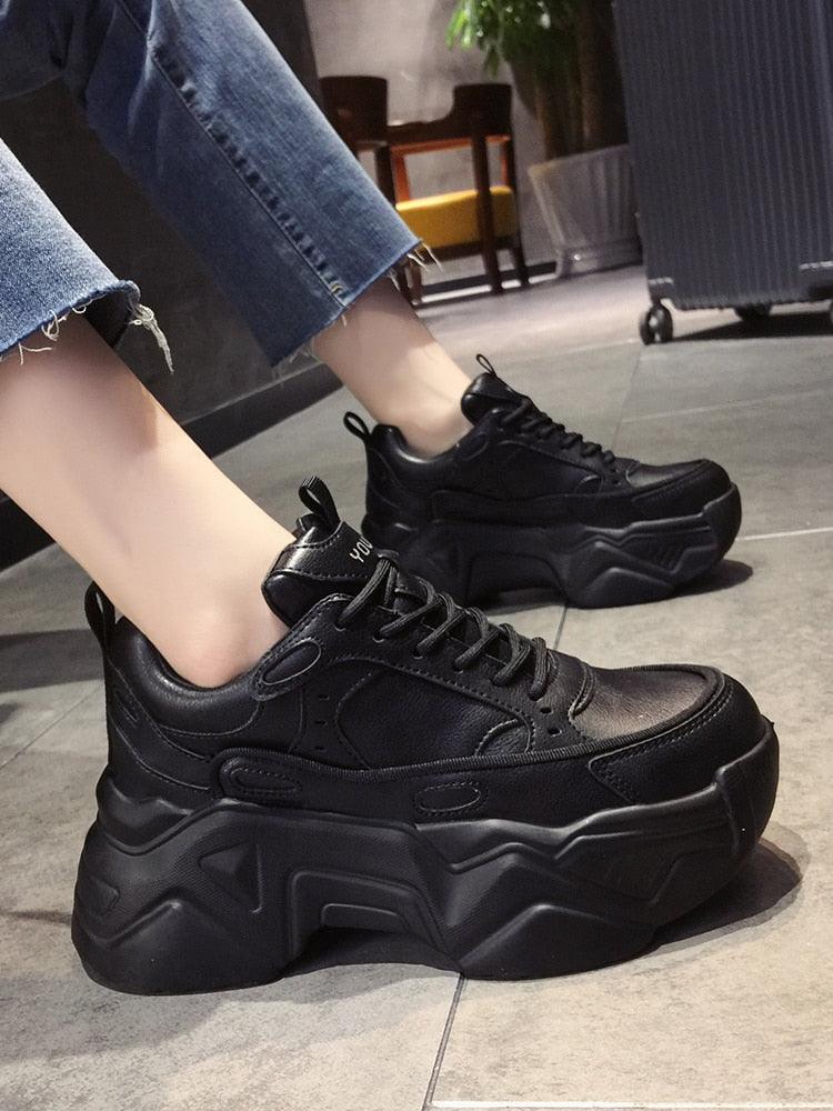 Women Platform Sneakers Leather Casual Ladies Chunky Shoes Woman High Black Fashion Thick Soled Sports Walking Shoes Lace Up Platform Leather Trainers Sneakers