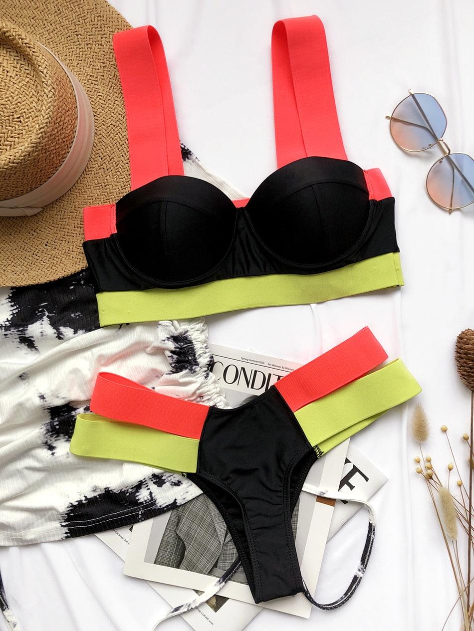 Women Push Up Bikini Women Neon Bandage Swimwear Women Patchwork Bikini Swimsuit 2 Piece  Cutout Molded Push Up Bathing Suit Ruffle Hook Closure Bikini Set Two Piece Bathing Suit