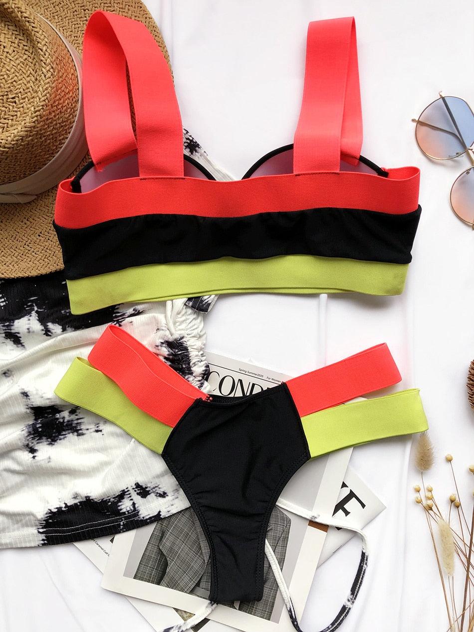 Women Push Up Bikini Women Neon Bandage Swimwear Women Patchwork Bikini Swimsuit 2 Piece  Cutout Molded Push Up Bathing Suit Ruffle Hook Closure Bikini Set Two Piece Bathing Suit