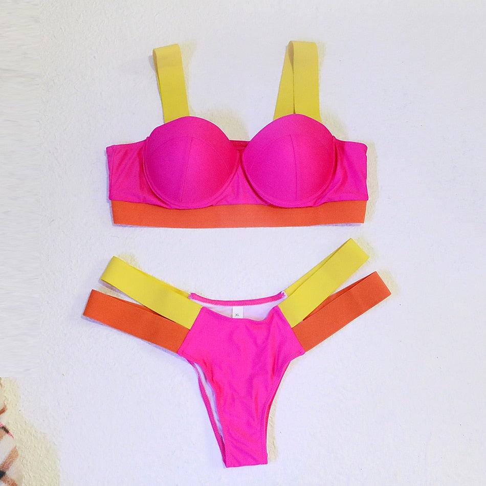 Women Push Up Bikini Women Neon Bandage Swimwear Women Patchwork Bikini Swimsuit 2 Piece  Cutout Molded Push Up Bathing Suit Ruffle Hook Closure Bikini Set Two Piece Bathing Suit