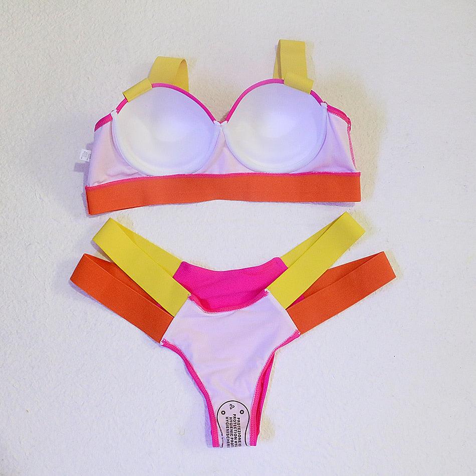 Women Push Up Bikini Women Neon Bandage Swimwear Women Patchwork Bikini Swimsuit 2 Piece  Cutout Molded Push Up Bathing Suit Ruffle Hook Closure Bikini Set Two Piece Bathing Suit