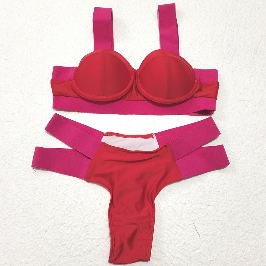 Women Push Up Bikini Women Neon Bandage Swimwear Women Patchwork Bikini Swimsuit 2 Piece  Cutout Molded Push Up Bathing Suit Ruffle Hook Closure Bikini Set Two Piece Bathing Suit