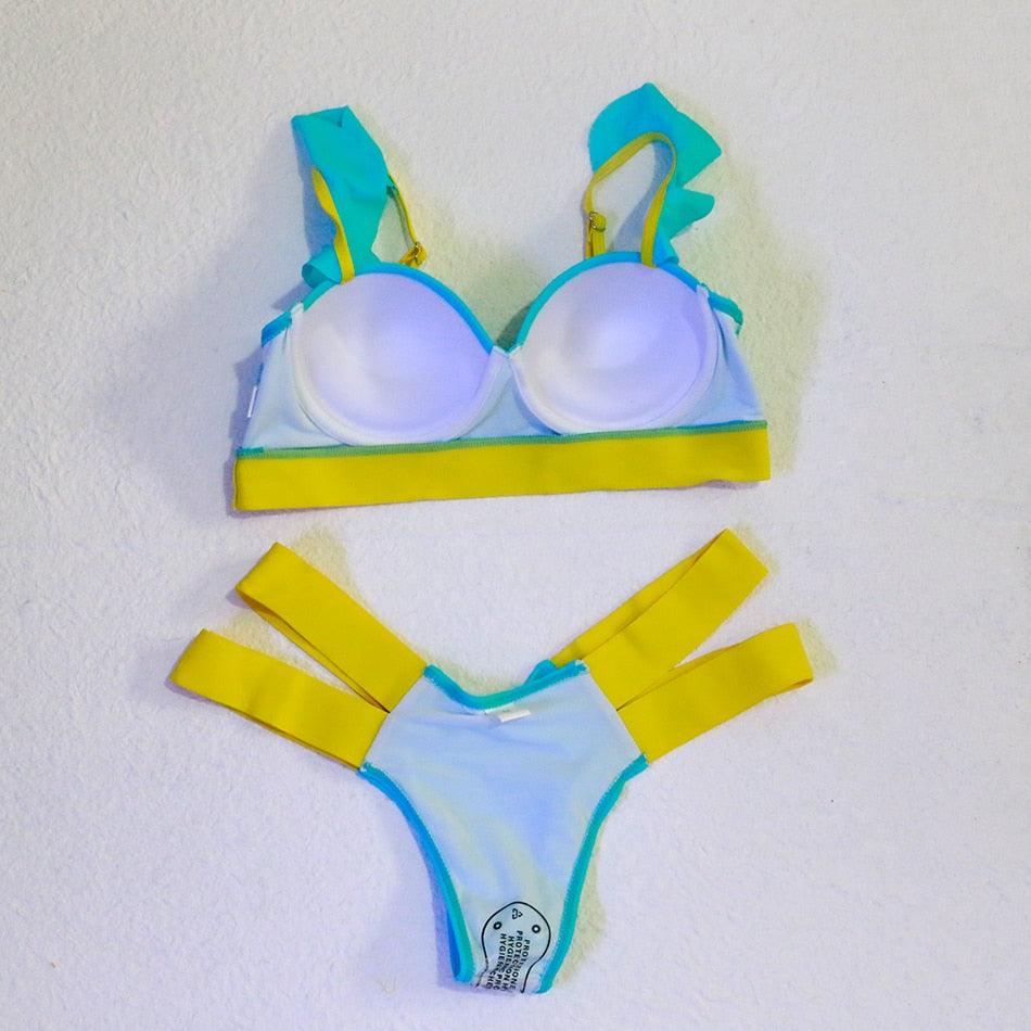 Women Push Up Bikini Women Neon Bandage Swimwear Women Patchwork Bikini Swimsuit 2 Piece  Cutout Molded Push Up Bathing Suit Ruffle Hook Closure Bikini Set Two Piece Bathing Suit