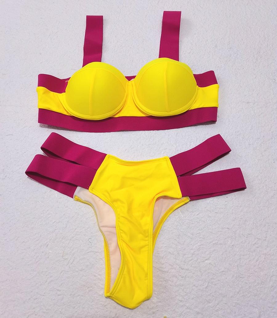 Women Push Up Bikini Women Neon Bandage Swimwear Women Patchwork Bikini Swimsuit 2 Piece  Cutout Molded Push Up Bathing Suit Ruffle Hook Closure Bikini Set Two Piece Bathing Suit