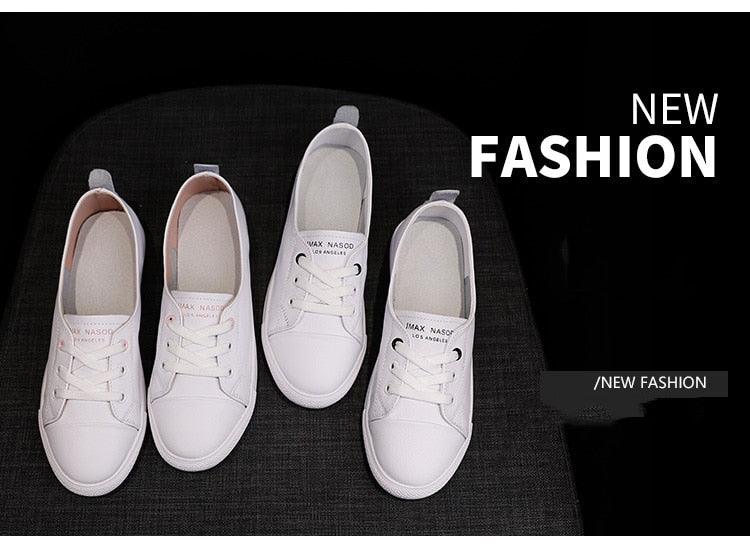 Women's Genuine Leather Sneakers Casual Fashionable Sports Shoes Vulcanized Woman Summer Flat Shoe Leather Women Lace Up Casual Shoes White Fashion Sneakers