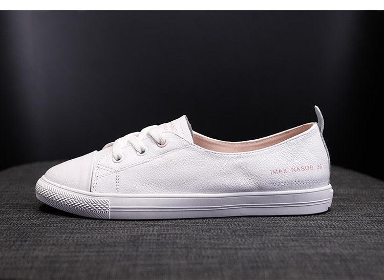 Women's Genuine Leather Sneakers Casual Fashionable Sports Shoes Vulcanized Woman Summer Flat Shoe Leather Women Lace Up Casual Shoes White Fashion Sneakers