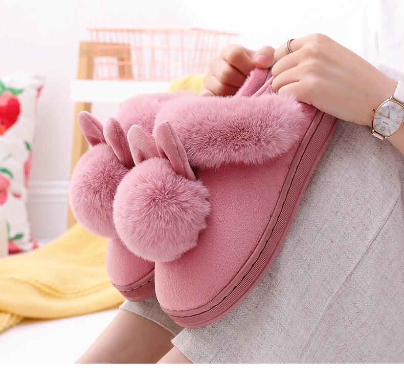 Women's Shoes Rabbit Ear Floor Indoor Cotton Slippers Winter Autumn Shoes Women Non-Slip Thick Bottom House Animal Slippers For Women Mens Winter Warm Memory Foam Cartoon Home Slippers