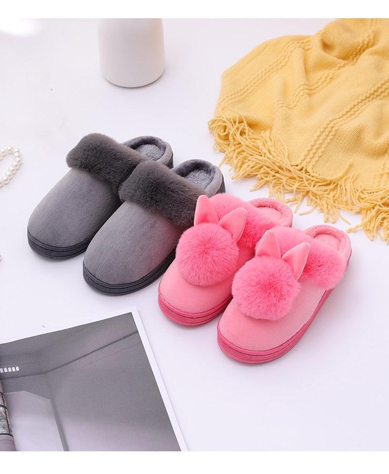 Women's Shoes Rabbit Ear Floor Indoor Cotton Slippers Winter Autumn Shoes Women Non-Slip Thick Bottom House Animal Slippers For Women Mens Winter Warm Memory Foam Cartoon Home Slippers