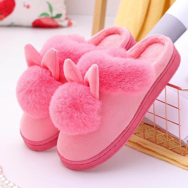 Women's Shoes Rabbit Ear Floor Indoor Cotton Slippers Winter Autumn Shoes Women Non-Slip Thick Bottom House Animal Slippers For Women Mens Winter Warm Memory Foam Cartoon Home Slippers