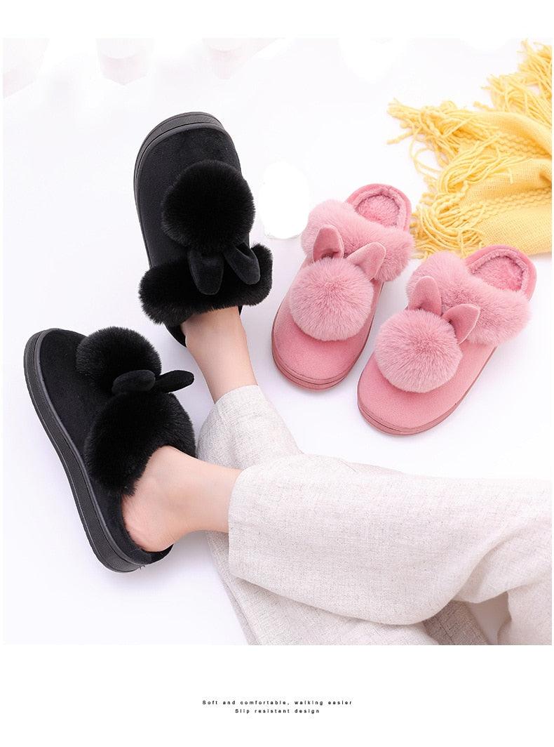 Women's Shoes Rabbit Ear Floor Indoor Cotton Slippers Winter Autumn Shoes Women Non-Slip Thick Bottom House Animal Slippers For Women Mens Winter Warm Memory Foam Cartoon Home Slippers