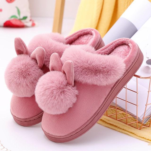 Women's Shoes Rabbit Ear Floor Indoor Cotton Slippers Winter Autumn Shoes Women Non-Slip Thick Bottom House Animal Slippers For Women Mens Winter Warm Memory Foam Cartoon Home Slippers