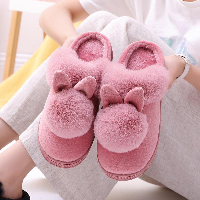 Women's Shoes Rabbit Ear Floor Indoor Cotton Slippers Winter Autumn Shoes Women Non-Slip Thick Bottom House Animal Slippers For Women Mens Winter Warm Memory Foam Cartoon Home Slippers