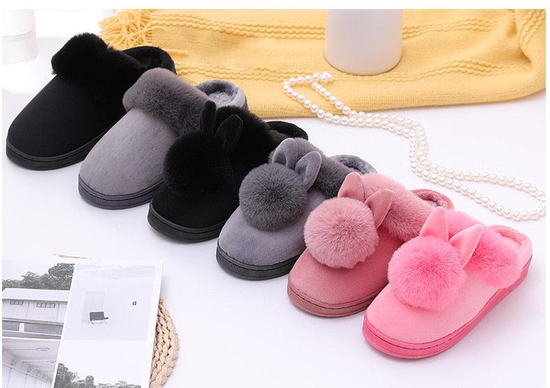 Women's Shoes Rabbit Ear Floor Indoor Cotton Slippers Winter Autumn Shoes Women Non-Slip Thick Bottom House Animal Slippers For Women Mens Winter Warm Memory Foam Cartoon Home Slippers