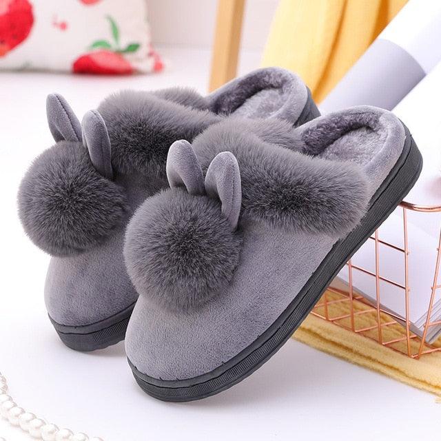 Women's Shoes Rabbit Ear Floor Indoor Cotton Slippers Winter Autumn Shoes Women Non-Slip Thick Bottom House Animal Slippers For Women Mens Winter Warm Memory Foam Cartoon Home Slippers