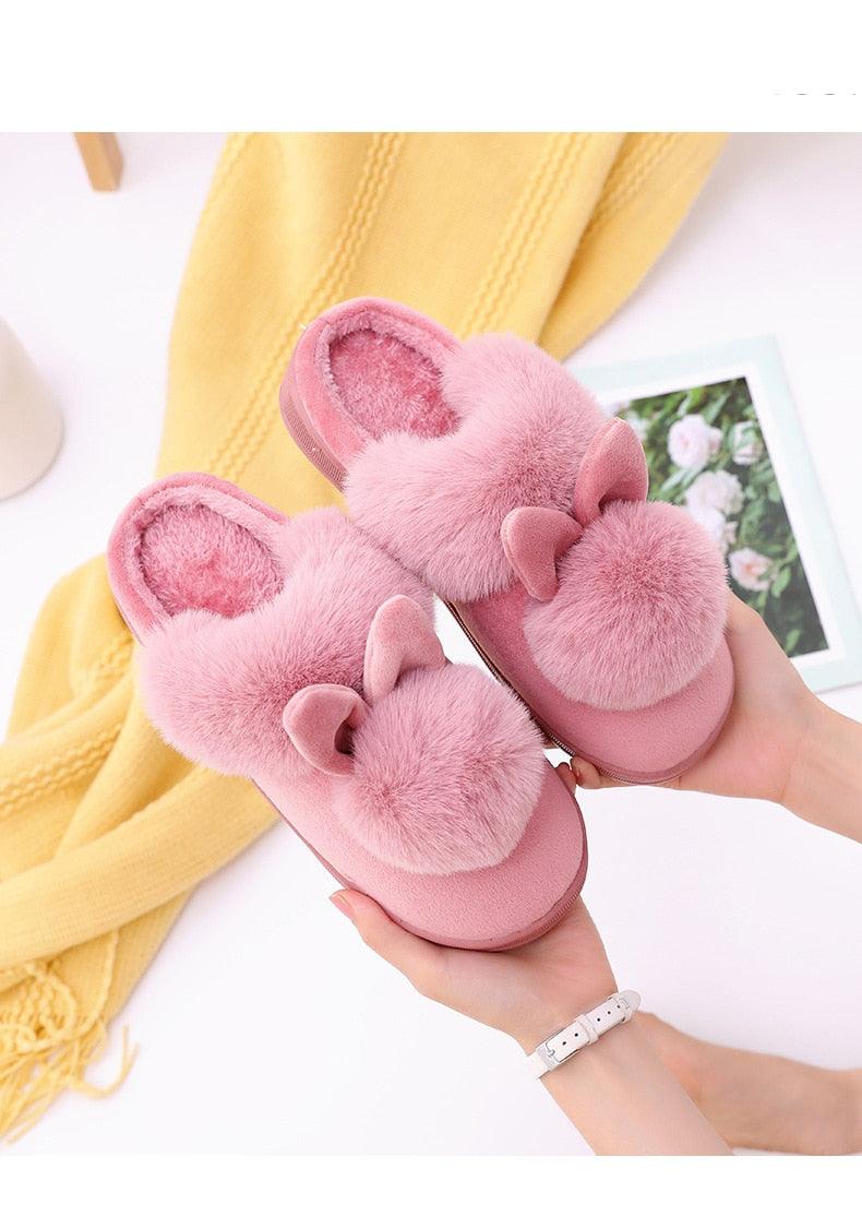 Women's Shoes Rabbit Ear Floor Indoor Cotton Slippers Winter Autumn Shoes Women Non-Slip Thick Bottom House Animal Slippers For Women Mens Winter Warm Memory Foam Cartoon Home Slippers