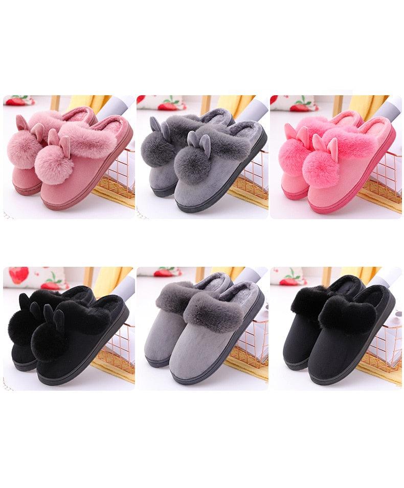 Women's Shoes Rabbit Ear Floor Indoor Cotton Slippers Winter Autumn Shoes Women Non-Slip Thick Bottom House Animal Slippers For Women Mens Winter Warm Memory Foam Cartoon Home Slippers