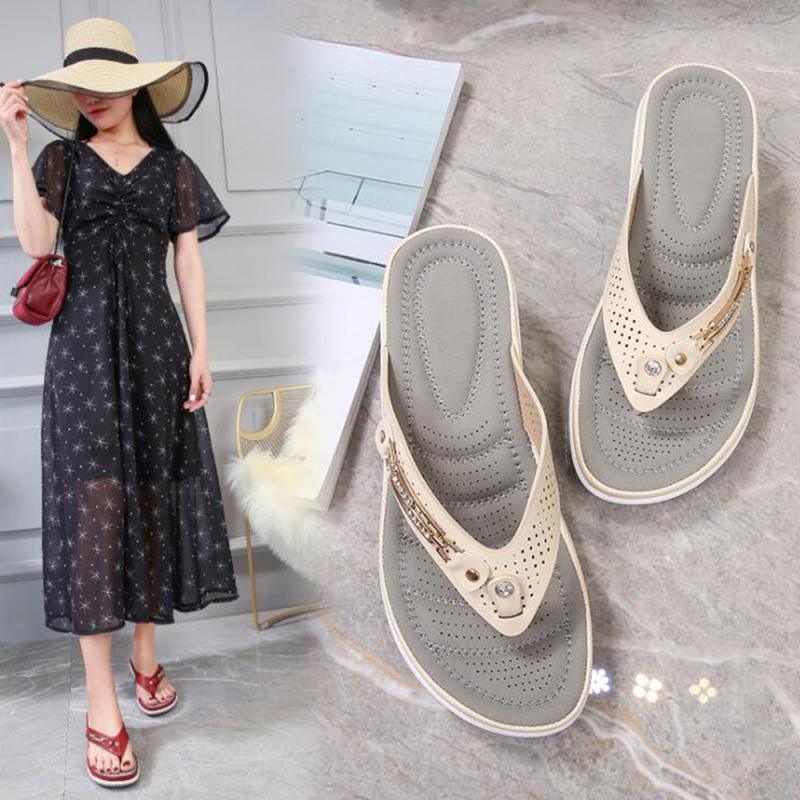 Women's Summer New Fashion Metal Button Slides Beach Shoes Modern Sandals Women Outside Platform Comfort Thong Style Flip Flops Sandals With Arch Support Thick Sole Outdoor Flip Flops