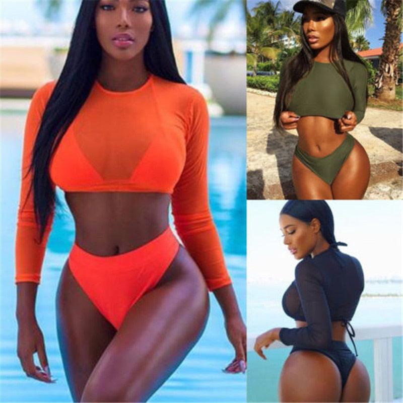 Women's Swimsuit Bikini Set Women's High Waist Swimwear Long Sleeve 3PCS Swimsuit Triangle Three-Piece Suit Bandage Push-Up Swimsuit Bathing Beachwear Swimwear