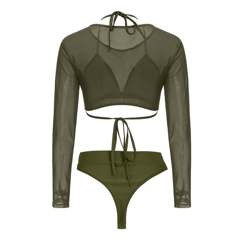 Women's Swimsuit Bikini Set Women's High Waist Swimwear Long Sleeve 3PCS Swimsuit Triangle Three-Piece Suit Bandage Push-Up Swimsuit Bathing Beachwear Swimwear