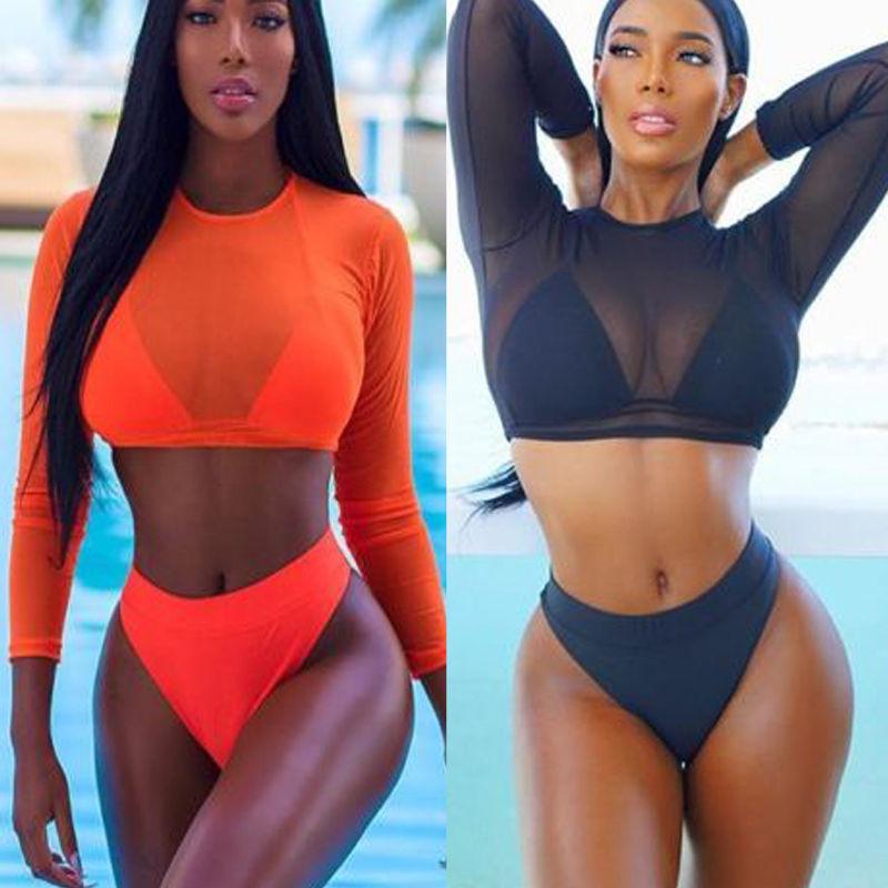 Women's Swimsuit Bikini Set Women's High Waist Swimwear Long Sleeve 3PCS Swimsuit Triangle Three-Piece Suit Bandage Push-Up Swimsuit Bathing Beachwear Swimwear