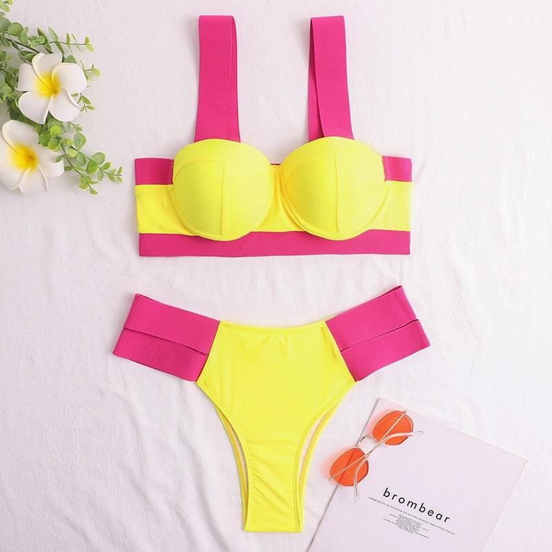 Women's Swimsuits Swimwear Patchwork Bikini Woman Push up Bikinis Swimsuit Bathing Suits Women Rave Neon Patchwork Bikini Swimsuit 2 Piece Cutout Molded Push Up Bathing Suit