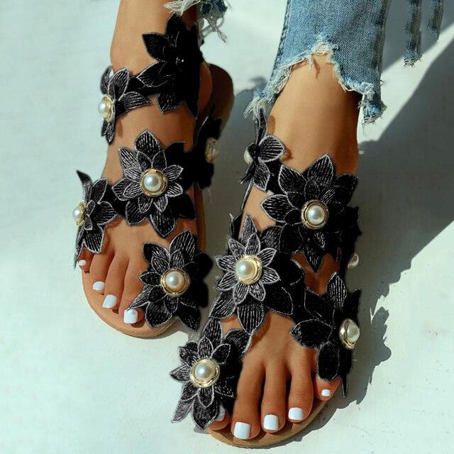 Women Sandals Fashion Style Summer Shoes Beach Comfortable Flat Sandals Flower Sandals Open Toe Pearl Casual Lace Floral Beach Flip Flop Comfy Shoes Summer Elegant Toe Sandals Comfy Dress