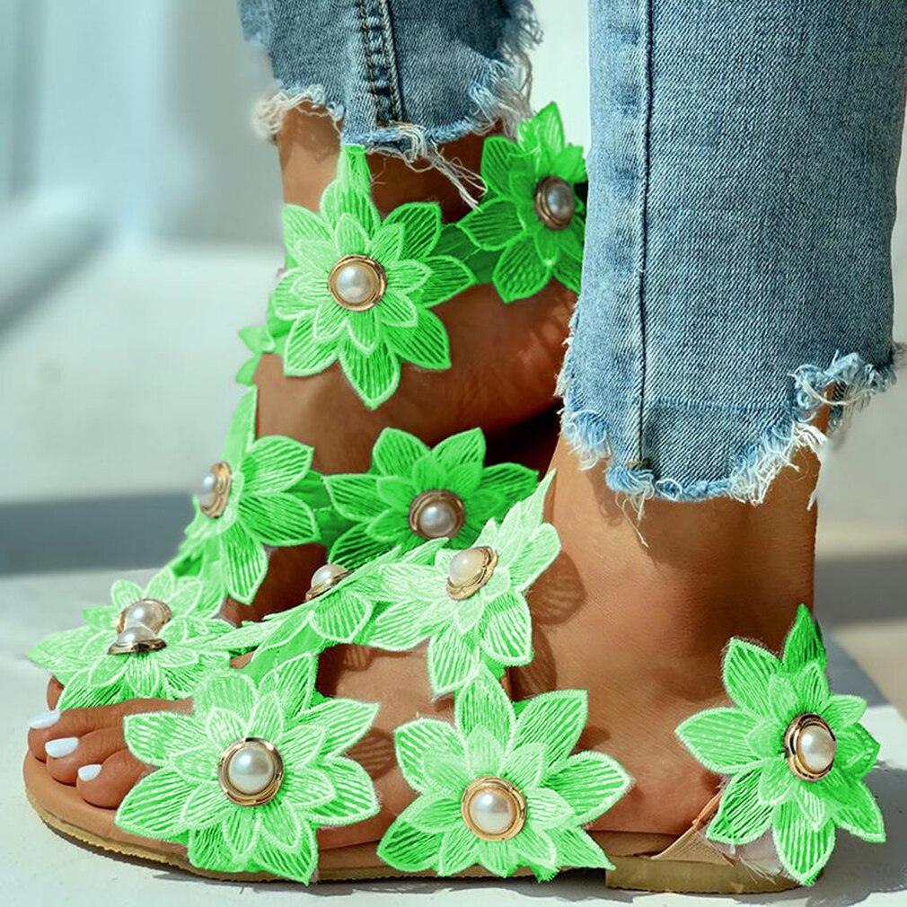 Women Sandals Fashion Style Summer Shoes Beach Comfortable Flat Sandals Flower Sandals Open Toe Pearl Casual Lace Floral Beach Flip Flop Comfy Shoes Summer Elegant Toe Sandals Comfy Dress