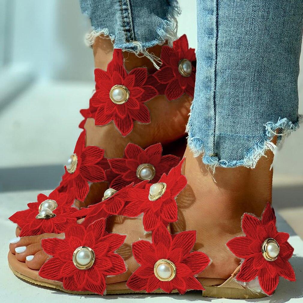 Women Sandals Fashion Style Summer Shoes Beach Comfortable Flat Sandals Flower Sandals Open Toe Pearl Casual Lace Floral Beach Flip Flop Comfy Shoes Summer Elegant Toe Sandals Comfy Dress