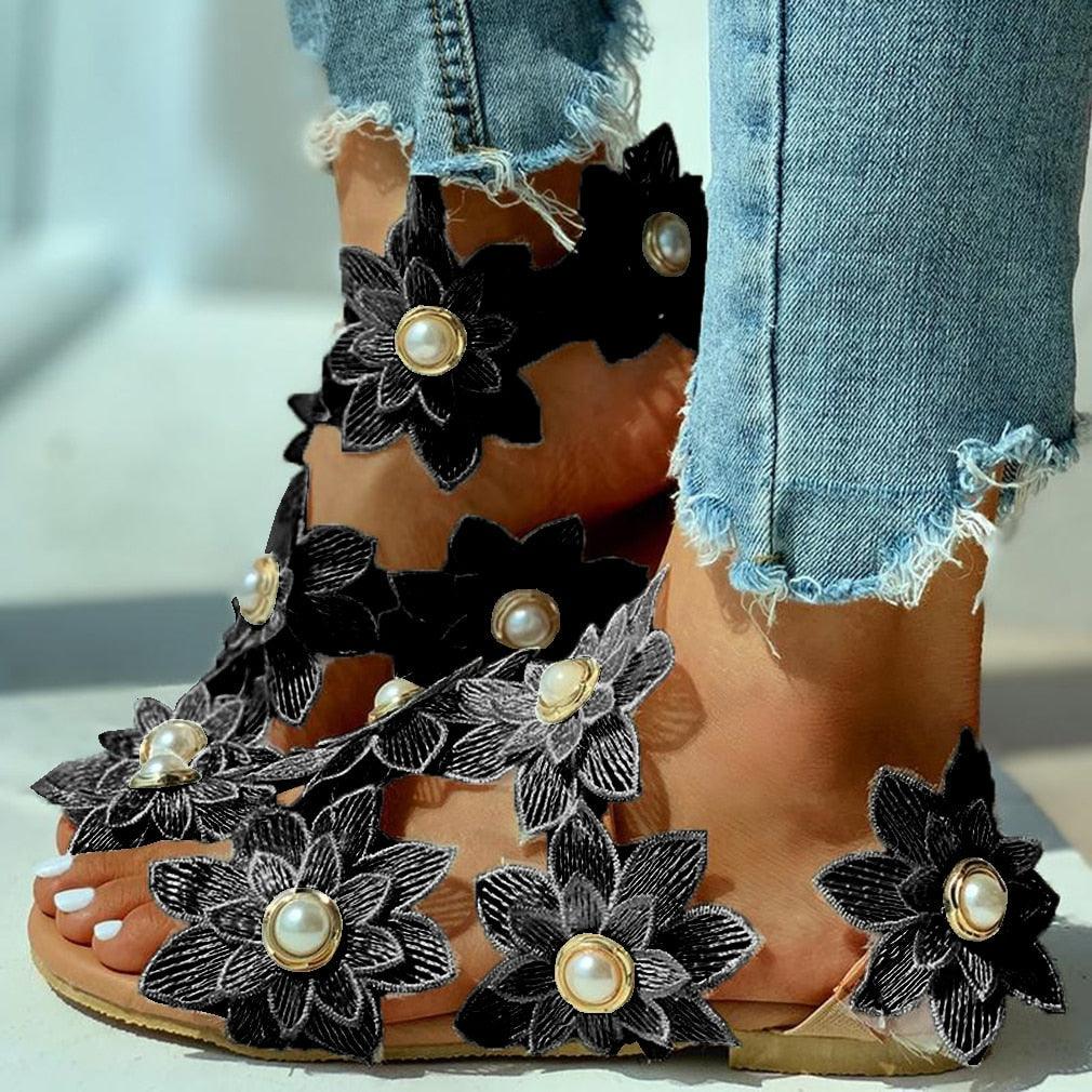 Women Sandals Fashion Style Summer Shoes Beach Comfortable Flat Sandals Flower Sandals Open Toe Pearl Casual Lace Floral Beach Flip Flop Comfy Shoes Summer Elegant Toe Sandals Comfy Dress