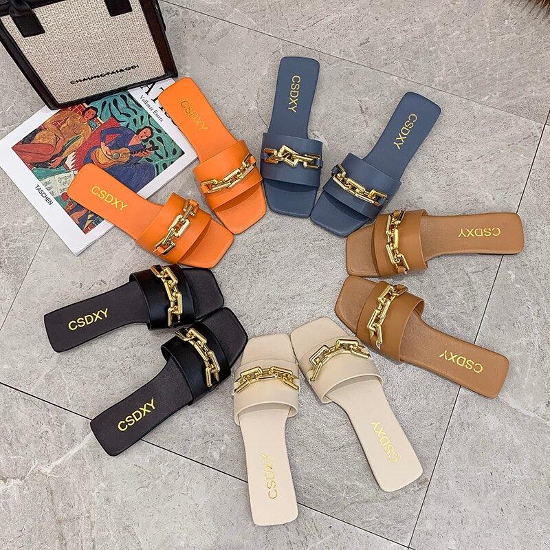 Women Sandals New Design Gold Chain Closed Toe Slip On Mules Shoes Flat Heels Square Head Casual Slides Summer Slippers Open Toe Flat Sandals Metal Chain PU Leather Slides Shoes