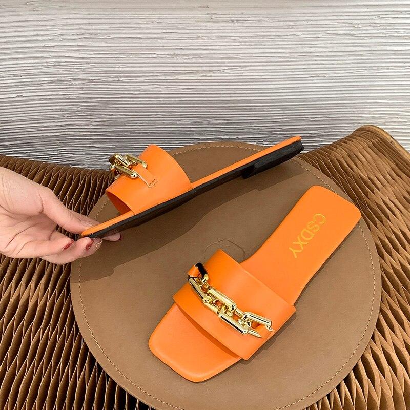 Women Sandals New Design Gold Chain Closed Toe Slip On Mules Shoes Flat Heels Square Head Casual Slides Summer Slippers Open Toe Flat Sandals Metal Chain PU Leather Slides Shoes