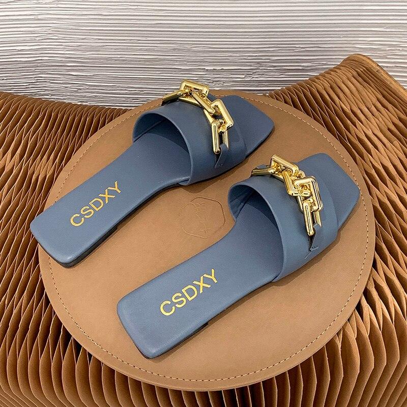 Women Sandals New Design Gold Chain Closed Toe Slip On Mules Shoes Flat Heels Square Head Casual Slides Summer Slippers Open Toe Flat Sandals Metal Chain PU Leather Slides Shoes