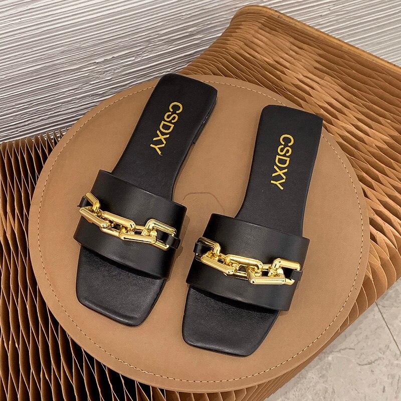 Women Sandals New Design Gold Chain Closed Toe Slip On Mules Shoes Flat Heels Square Head Casual Slides Summer Slippers Open Toe Flat Sandals Metal Chain PU Leather Slides Shoes