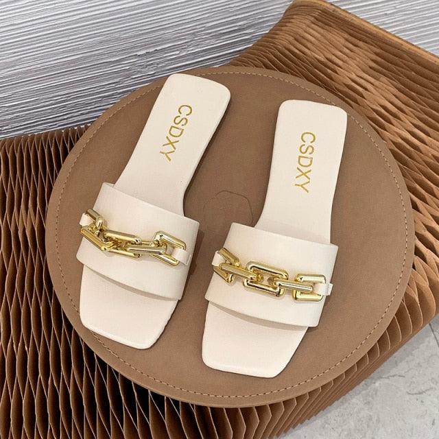 Women Sandals New Design Gold Chain Closed Toe Slip On Mules Shoes Flat Heels Square Head Casual Slides Summer Slippers Open Toe Flat Sandals Metal Chain PU Leather Slides Shoes