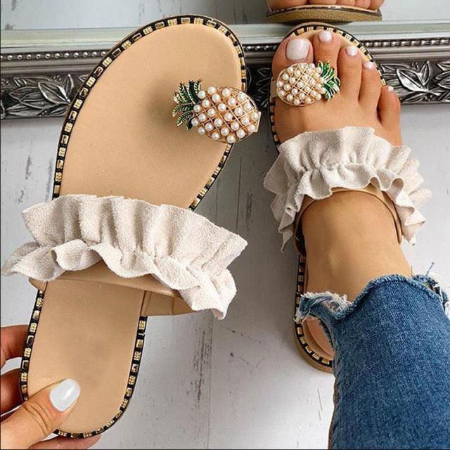 Women Sandals Slippers Flat Flip Flops String Bead Summer Fashion Woman Slides Elegant Pineapple Slides Flat Sandals Strappy Slides Sandals Open Toe Summer Beach Outdoor Shoes